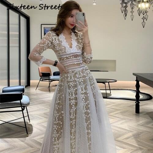 Spring Woman Clothing embroidery mesh dress woman long sleeve V neck lace long white dresses party for lady vestidos 2021 New