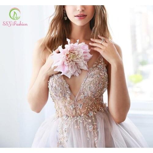 SSYFashion New Sexy Long Evening Dresses Tulle A-line Luxury Sequins Beading V-neck Backless Formal Prom Gowns Vestidos De Noche