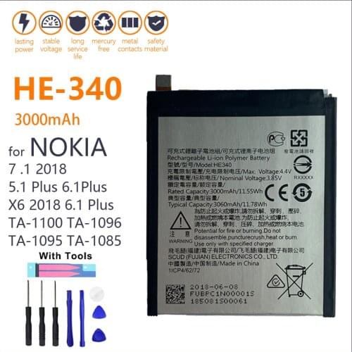100% Genuine HE340 Phone Battery For Nokia 7 .1 / X6 2018 6.1 Plus / TA-1100 TA-1096 TA-1095 TA-1085 / 5.1 Plus HE342 With Tools