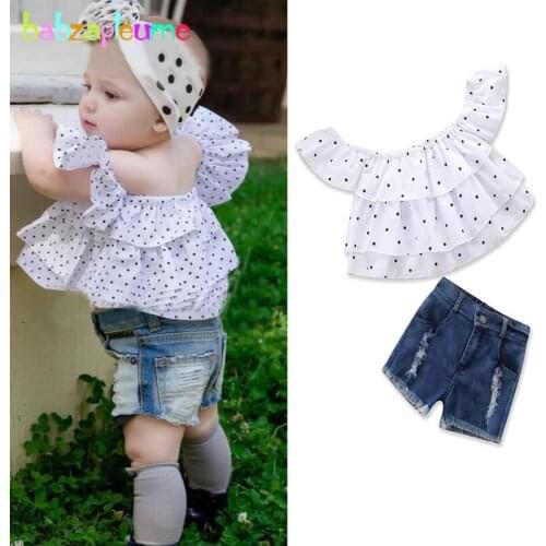 2PCS/Summer Baby Girls Outfits Kids Boutique Clothing Sets Cute Dot Sleeveless T-shirt+Denim Shorts Children Clothes Suit BC1078