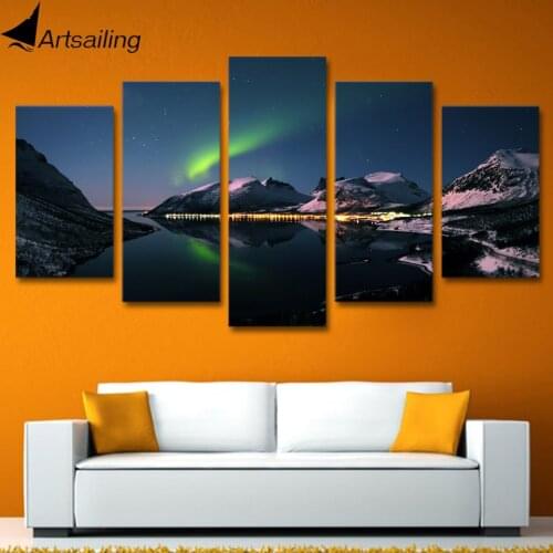 5 piece wall art canvas Printed dazzling aurora mountain lake light for room decoration picture poster/ny-5996