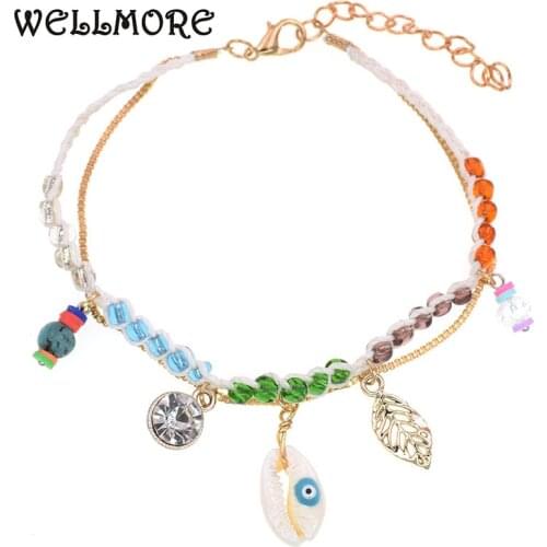 WELLMORE bohemia chain anklets for women shell anklet bracelets string beads anklet Beach Party Foot Female Jewelry wholesale