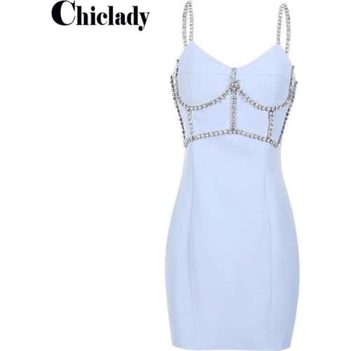 CHICLADY designer style sky blue bodycon mini dress for women bodycon crystal spaghetti strap sexy clue night dresses femme new