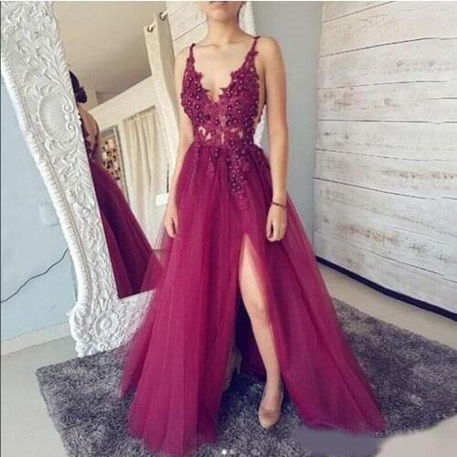 Spaghetti Straps V Neck Open Back Long Prom Dress Sleeveless Front Split Tulle Evening Formal Party Dress Vestido De Fiesta