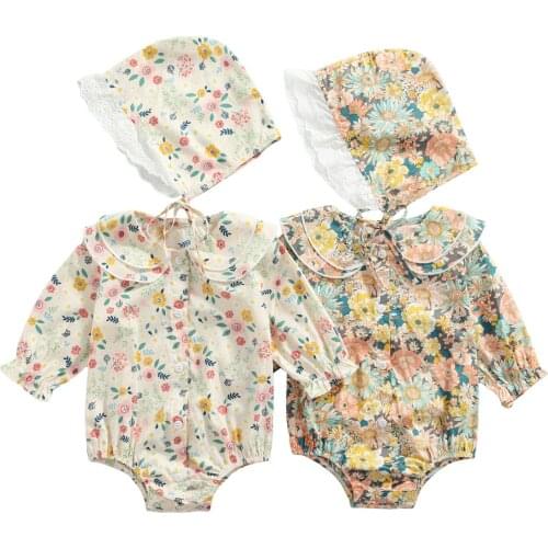 Infant Baby Girls Two-piece Clothes Set, Floral Printed Pattern Long Sleeve Romper and Cap, Beige/ Yellow