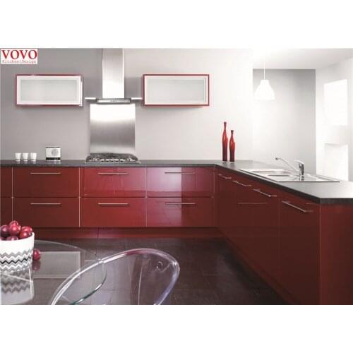 L shaped kitchen in high gloss red color