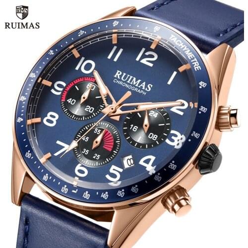 RUIMAS Chronograph Quartz Watches Men Luxury Military Sports Wristwatch Man Blue Leather Watch Male Relogios Masculino Clock 574