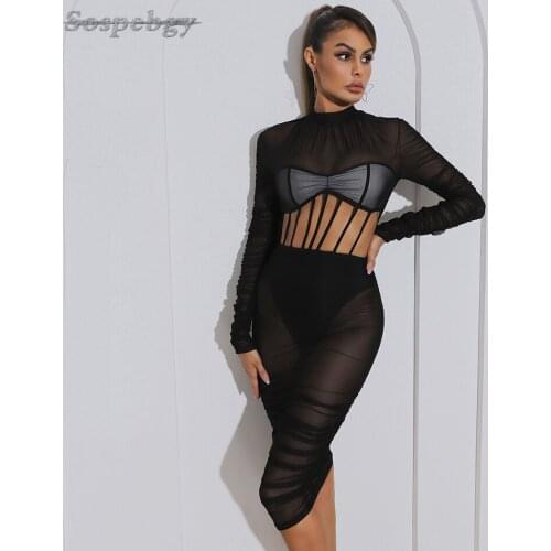 2021 Summer New Womens Sexy See-through Mesh Black Midi Dress Long-sleeved O-neck Hollow Bodycon Bandage Rayon Nightclub Dress