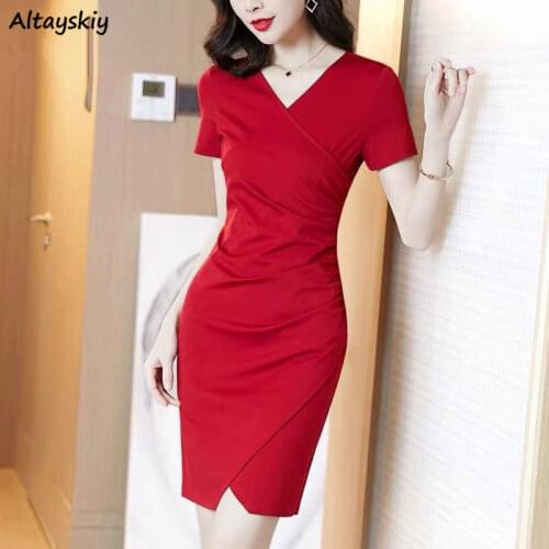 Dresses Womens Summer V-Neck Solid Plus Size 4XL Skinny Office Lady Temperament Bodycon Business Package Hip Split Sexy Women