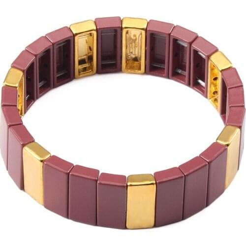 Handmade Golden Stretch Bracelet Stackable Rectangle Tila Tile Bead Chiclet Enamel Colorblock Bracelet Charm for Women Girls