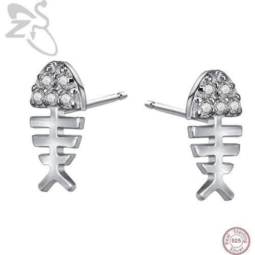 ZS 1 Pair Fish Earrings For Women Stud Earrings AAA Cubic Zirconia Brincos Real 925 Sterling Silver Jewelry Piercing Pendientes
