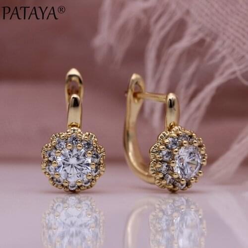 PATAYA New White Natural Zircon Dangle Earrings 585 Rose Gold Petal Cute Earrings Micro-wax Inlay Women Party Fashion Jewelry