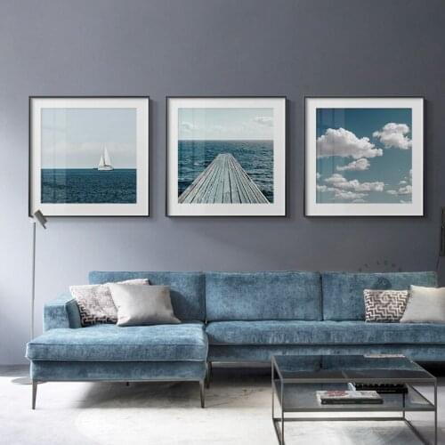 Nordic Modern Landscape Canvas Painting Wall Art Poster Blue Sky White Cloud Wooden and Sea Picture Home Decoration Living Room
