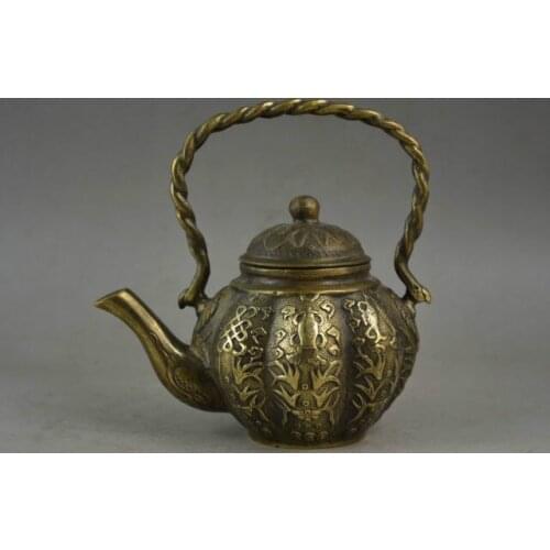 Old Collectibles Handwork Copper Carve Lifelike Waterweeds & Totem Rare Tea Pot