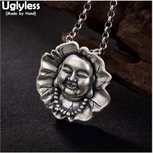 Uglyless 100% Real Solid 990 Silver Maitreya Pendant Necklaces NO Chains Buddhist Thai Silver Buddha Pendants Leaf Fine Jewelry