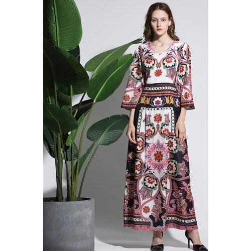 Vintage Long Women Dresses 2021 Autumn New Fashion V-Neck Retro Ethnic Floral Print 3/4 Flare Sleeve Ankle-Length Luxury Dress