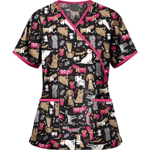 Women Blouse Cartoon Animal Printed Nurse Scrubs Short Sleeve Casual V-neck Tops Working Uniform Blouse Nurse Overalls Uniforme