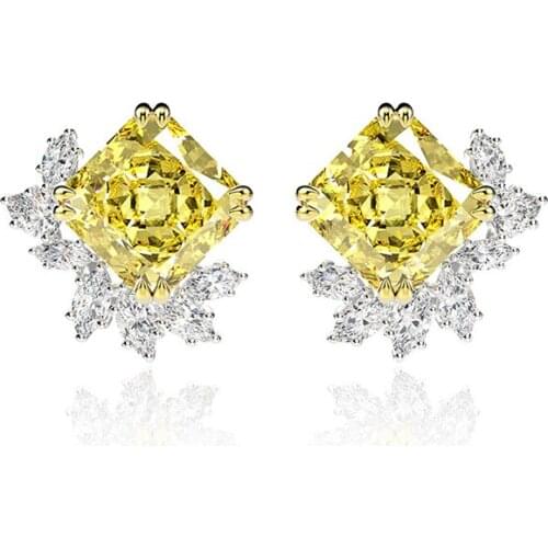 925 Sterling Silver Flower Square Stud Earrings Sparkling 10*10mm Yellow High Carbon Diamond For Women Wedding Fine Jewelry