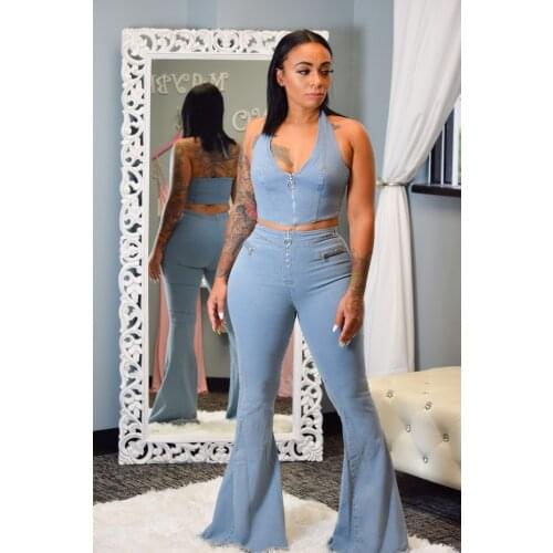 2021 Summer Style Womens Fashion Sexy Denim Two Piece Zipper Sleeveless Blouse and High Waist Flared Pants Suit Club Clothing
