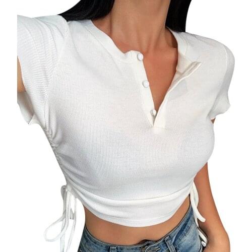 2020 Fashion Trend Women Summer Ladies Crop Top Temperament Solid Color Lace Up Short Sleeve Slim T-shirt Buttons Down Tees