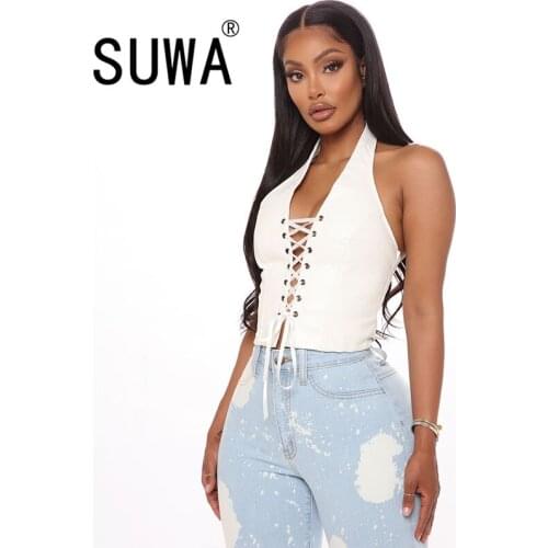 All Black White PU Front Hollow Out Lace-Up Sexy Club Party Women Top Tunic Trendy Chic K-Pop Style Pullover Crop Tee