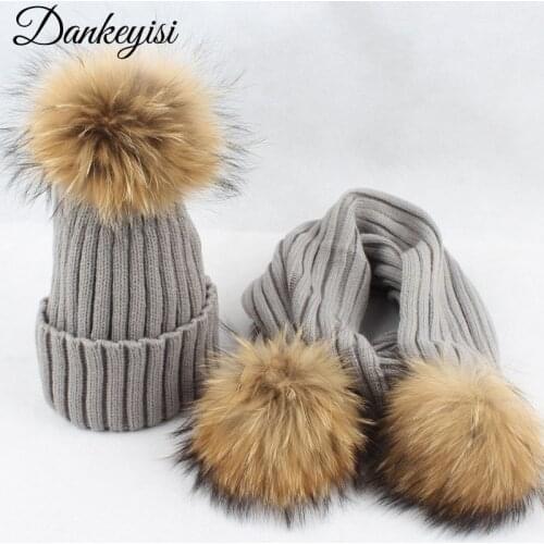 DANKEYISI Real Fur Winter Hat and Scarf Set Female Raccoon Pom Pom Hat Scarf For Women Thick Hat Girls Cap Knitted Beanies 2017