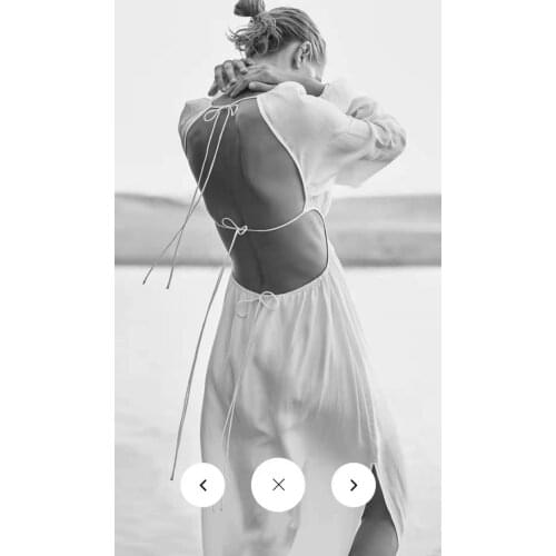 Women Summer Beach Style Lantern Sleeve Backless White Silk Midi Dress