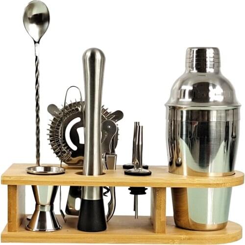 10-Piece Bartender Kit Cocktail Shaker Set Home DIY Suit for Mixed Drinks Martini Stainless Steel with Half Round Bamboo Frame