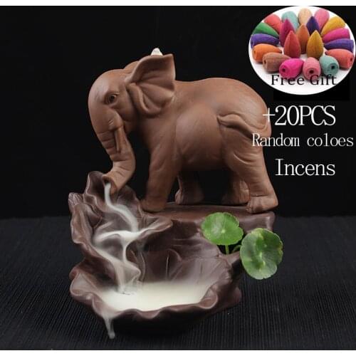 20PCS Incense + Back flow Retro Ceramic Elephant Backflow Incense Burner Censer Waterfall Incense Holder calm Incense Burner