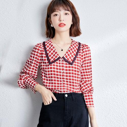 2021 Plaid Blusas Mujer Long Sleeve Chiffon Tops Tees Korean Loose OL Blouses mujer de moda Female Spring Geometry Shirts 1076