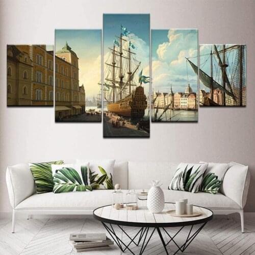 5 Panels Decor Poster Port City Sailing Boat Canvas Painting Landscape Oil Painting Home Decoration Living Room Bedside Wall Art