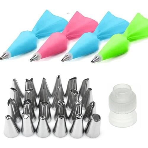 26Pcs/Set Silicone Pastry Bag Tips Kitchen DIY Cake Icing Piping Cream Cake Decorating Tools Reusable Pastry Bags+24 Nozzle Set