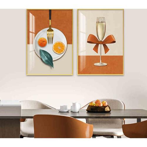 Abstract Wine Glass Orange Fork Plate Bow Restaurant Tableware Canvas Painting for Living Room Restaurant Decoration No Frame