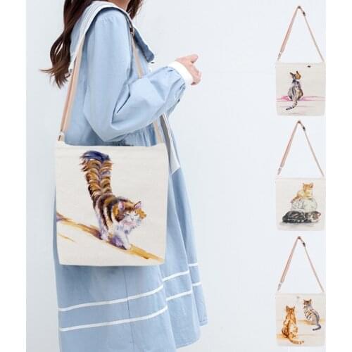 Watercolor Cat Painting Print Women Ladies Casual Leisure Crossbody Tote Bag Females Shoulder Handbag Zipper Satchels Students