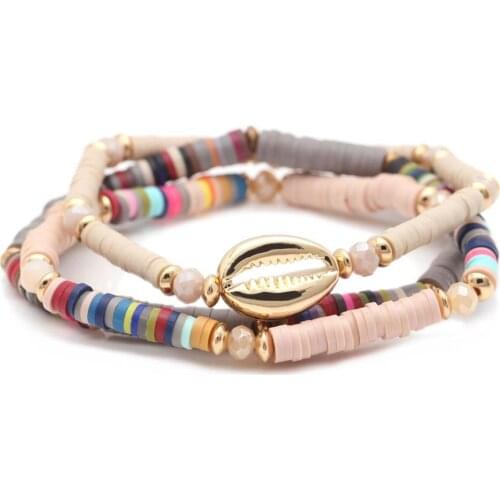 Boho Multicolor 4mm Polymer Clay Heishi Beads Cowrie Seashell Crystal Stretch Bracelet Women Girl New Fashion Surf Jewelry Gift