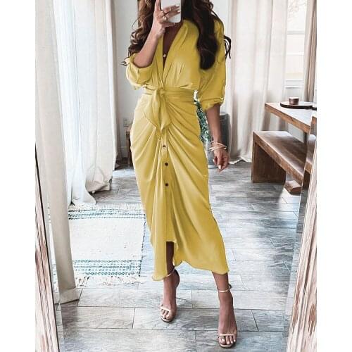Elegant Ladies Shirt Dress Fashion Turn-down Collar Draped Party Clothes Woman Casual Fashion Button Belt Irregular Long Dress