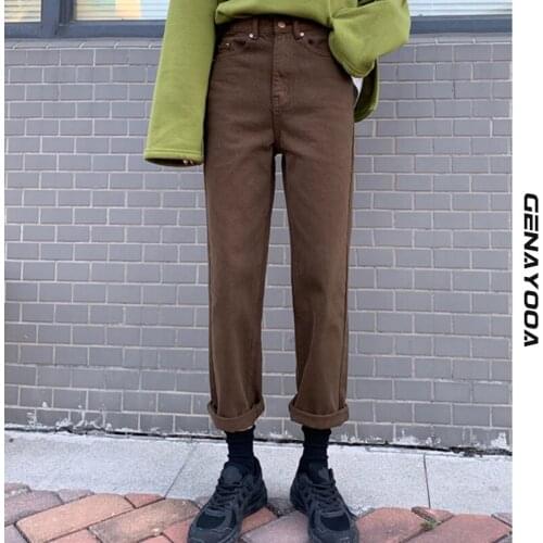 Genayooa Boyfriend Jeans For Women 2020 Streetwear Wide Leg Brown Trousers Vintage Straight High Waisted Denim Jean Autumn New