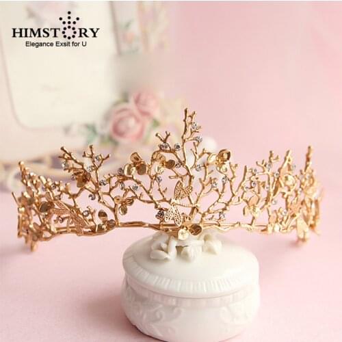 Himstory Baroque Crown Gold Leaf Tiara Dragonfly Bridal Hair Accessories Princess Bridal Crowns Headdress Women Hair Ornaments
