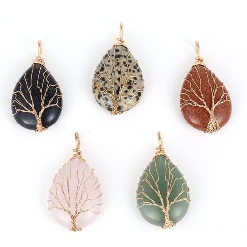 Teardrop Rose Pink Quartz Crystal Wire Wrap Handmade Tree of Life Drop Shape Natural Pendants