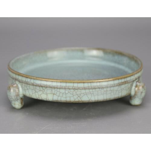 China Porcelain SONG RU Kiln Sky Cyan Glaze Crack Three Foot Brush Washer Plate