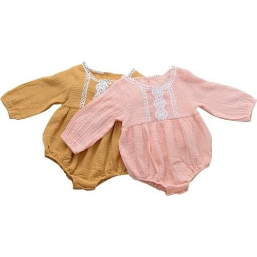 Baby Spring Autumn Clothing Newborn Infant Baby Girl Boy Cotton Linen Bodysuit Long Sleeve Solid Flower Jumpsuit LaceOutfit