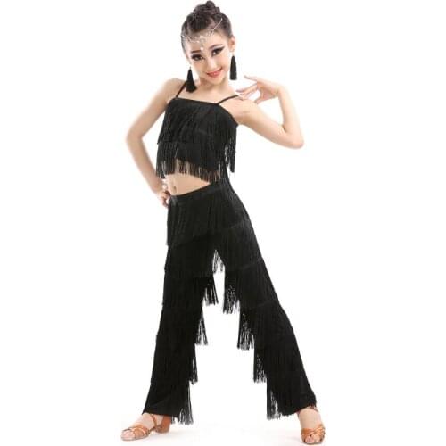 Samba tassel Latin dancewear costumes Girls Salsa ballroom Fringe trim dance Tops&Pants costume Adult Ballroom dancing dress
