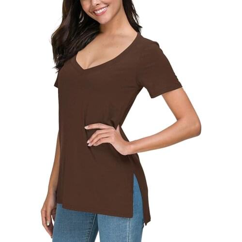 Лето Summer 2021 Women Fashion Tee Shirt Oversize Womens Solid Summer Deep V Neck T-shirts Side Split Short Sleeve Tops Топы