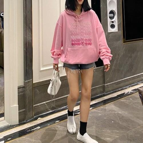 Cute Embroidery Letter Hoodies Sweatshirt Women Neon Color Good for You Heart Oversized Pullover Top Black Autumn Streetwear 90s