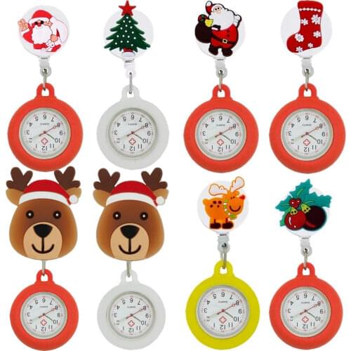Lovely cute cartoon christmas Santa Claus gift nurse pocket watches doctor Retractable scalable rubber badge reel hospital watch