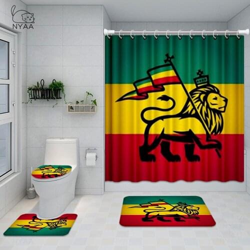 Rasta Flag Painted On Wooden Bathroom Set The Lion Of Judah Wall Art Waterproof Shower Curtain Toilet Cover Mat Non Slip Rug