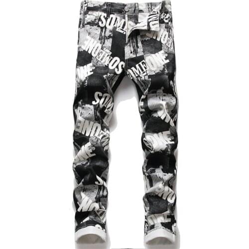 New European American Mens Jeans Flowered Trousers Digital Print Trousers Slim Fashion Stretch Small Foot Casual Pants