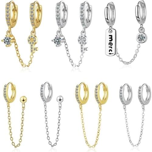 Two Ear Hole Piercing Hoop Earrings Chain Tassel Golden/White Crystal Simple Bohemia Earring Jewelry For Lady Girls