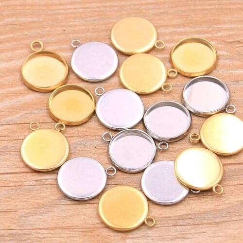 PULCHRITUDE 10pcs 12mm Inner Size 2 Color Stainless Steel Round Cabochon Base Setting Diy Blank Pendant Tray For Necklace Making