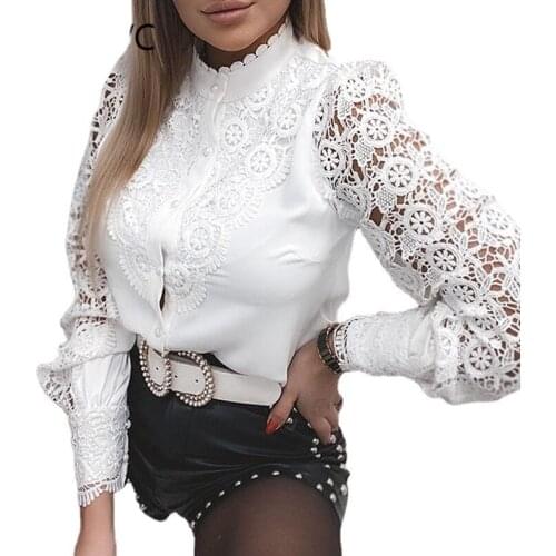 Fashion Women Shirts Spring Summer Fashion Lace Long Sleeve V Neck Button White Shirts Ladies Casual Women Blouse Tops